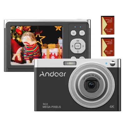 Zdjęcie produktu dla Andoer przenośny aparat cyfrowy 4K, kamera wideo, 50 MP, 2,88 cala, ekran IPS, autofokus, 16-krotny zoom (8-krotny optyczny i 8-krotny cyfrowy), wykrywanie twarzy, wbudowana lampa błyskowa z 2 bateriami, prezent świąteczny dla dzieci i nastolatków