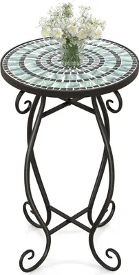 Image de Table d'appoint ronde en mosaïque en métal et céramique 30 x 50 cm pour balcon, terrasse, jardin