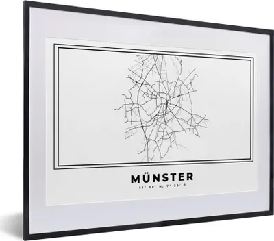 Produktbild von MuchoWow® Gerahmtes Poster Deutschland - Münster - Stadtplan - Karte - Schwarz-weiß - Karte 40x30 cm - Poster mit Schwarzem Bilderrahmen Wandposter Rahmen Foto Bilder - Bilderrahmen - Poster im Rahmen