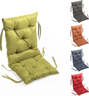 Multiple chair cushions in different colors displayed on a white background.