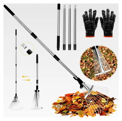 Produktbild von Rasenrechen mit 207 cm Stiel, Metall-Laubrechen, Gartenrechen, verstellbarer Fächerbesen, 15 Zinken, einstellbare Breite (19-37 cm), einstellbare Länge