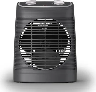 A black oscillating fan heater with white control knobs on top, presented against a white background.