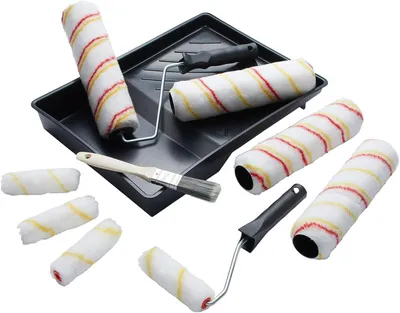 Imagen del producto de Juego de rodillos para emulsión de 12 piezas, que incluye 4 rodillos de 225 mm, 4 rodillos mini de 25 mm, 2 pinceles, y una bandeja para pintura, ideal para paredes y techos