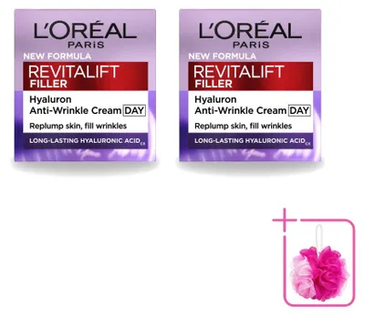 Immagine prodotto di 2 confezioni di crema viso anti-rughe L'Oréal Paris Revitalift Filler, 50 ml per confezione. Offerta speciale