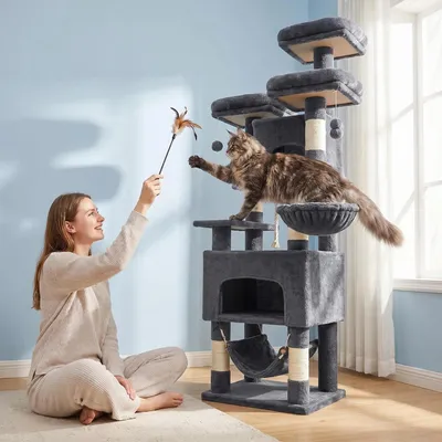 Produktbild von Fobyfurny Katzenkratzbaum, L, 3 Plattformen, 2 Höhlen, 7 Kratzplacken, Hängematte, Plüschbälle, Katzenkratzbaum für Mehrkatzenhaushalte, dunkelgrau