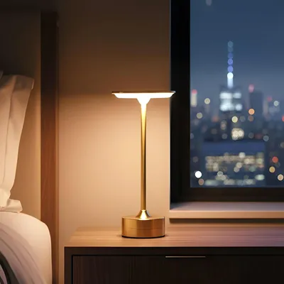 Image de Lampe de table en métal doré – Intensité variable – Température de couleur réglable (blanc chaud/blanc neutre/blanc froid) – Rechargeable via USB-C – Sans fil – 28,5 cm [12502A], Image générée par une IA