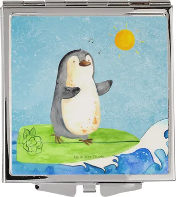Produktbild von Mr. & Mrs. Panda Schminkspiegel Pinguin Surfer - Eisblau - Geschenk, klappbar, Optimistisch, Taschenspiegel, Motiviert, Frauen Spiegel, Pinguine, Kosmetikspiegel, Urlaub