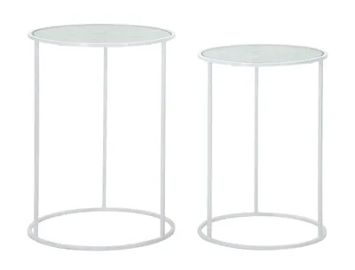 Produktbild von Couchtische der Serie White Harts aus weißem Metall mit Glasplatte – Ø 43x60 und Ø 38x55 cm – Essentielles und raffiniertes Design für glamouröse Umgebungen