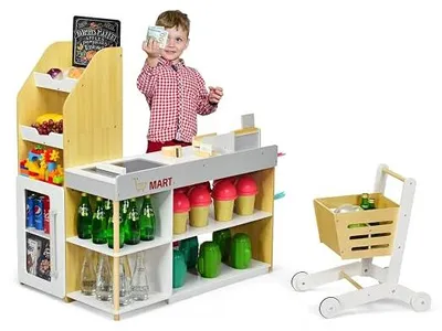 Produktbild von Supermarket mit Einkaufswagen & Kasse & Kreidetafel & Holzwährung, Kaufladen aus Holz, Kaufmannsladen für Kinder ab 3 Jahren
