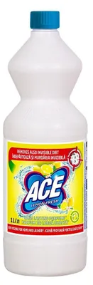 A bottle of Ace Lemon Fresh liquid bleach on a white background.