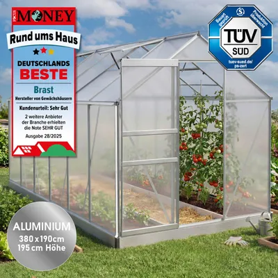 Produktbild von BRAST Gewächshaus Aluminium mit Fundament | 380x190x195cm | 6mm Hohlkammerplatten | rostfrei wetterfest temperaturbeständig | Silber