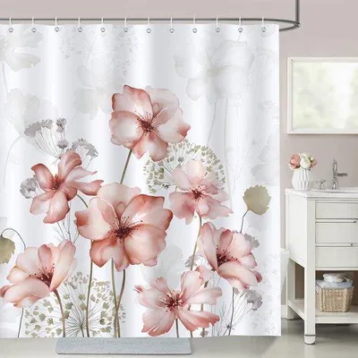 Productafbeelding van Unyqoos® Aquarel douchegordijn, 180 x 180 cm – 100% polyester, roze bloemen en planten, waterdicht, schimmelwerend, inclusief 12 haken, verstevigde metalen oogjes