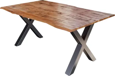 Produktbild von Esstisch Dora 200 x 100 cm, Mangoholz massiv, lackiert & naturfarben, Baumkantentisch mit X-Metallgestell in Silber, echte Baumkante, 26 mm