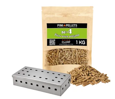 Produktbild von PINI Set Räucherbox Edelstahl und Hartholzpellets Nr 4 Oregano 1 kg für Grill, Smoker und Pizzaofen