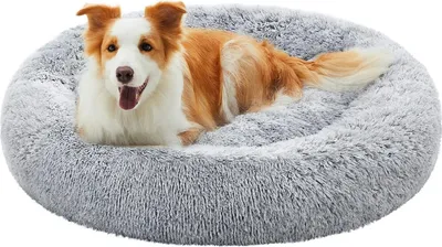 Produktbild von Feandrea flauschiges Hundebett, Katzenkorb, Donut-Kissen, waschbar, herausnehmbare Kernfüllung, Langplüsch, 100 cm Durchmesser, ombre grau