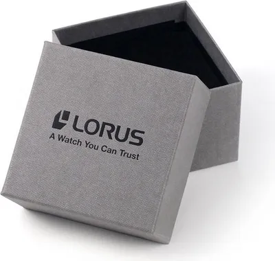 An open Lorus watch box with the brand logo and slogan visible.