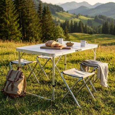 Immagine prodotto di Milani Home - set tavolo campeggio, alluminio e oxford, con 4 sgabelli, 4 posti, bianco, piano 120 x 60 cm