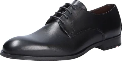 A black leather shoe is shown against a white background.