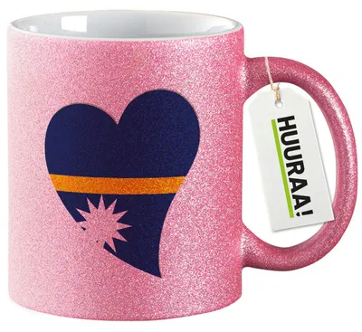 Produktbild von Huuraa Glitzertasse Nauru Flagge Herz 330ml Pink Keramik Kaffeebecher Geschenkidee