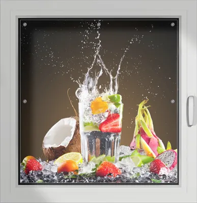 Produktbild von Wallario Lichtschutzbild, Dekorativer Sichtschutz Sonnenschutz 96 x 93 cm mit Motiv: Tropische Früchte in einem erfrischenden Drink - Verdunklung ohne Bohren