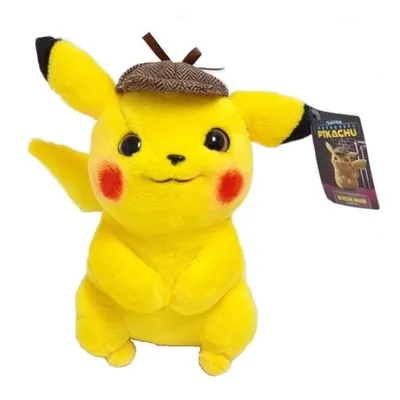 A plush toy of Detective Pikachu wearing a hat.