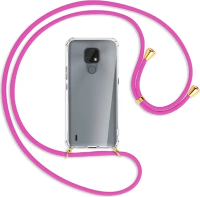Produktbild von Handykette Backcover-Schutzhülle mit Band (Metall goldfarben) für Motorola Moto E7 - hot pink