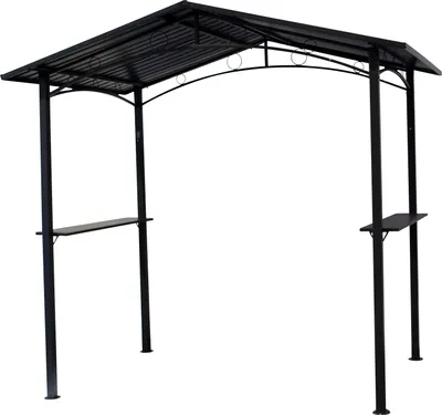 A dark gray metal grill pavilion with a sloped roof and two shelves, shown against a white background.