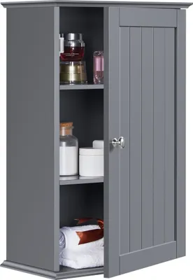 A dark gray bathroom cabinet with an open door, displaying shelves with toiletries and towels.