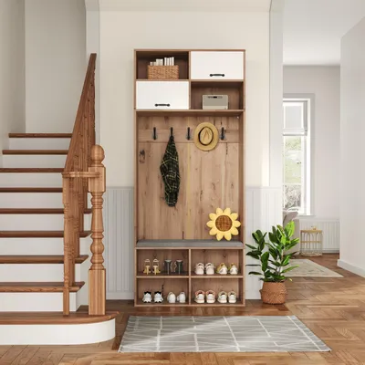 Produktbild von Merax Garderobenset, 2-in-1 Garderobenständer mit Schuhschrank,5 Haken, 2 Türen, 6 offenen Fächern, Flurmöbel, Flurgarderobe, 80×185×30 cm, Natur