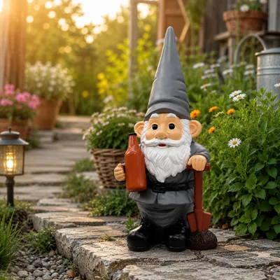 Produktbild von Gartenzwerg Grau 45 cm aus Kunstharz mit Flasche & Schaufel – Wetterfeste dekorative Gartenfigur für Garten, Balkon & Terrasse