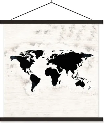 Produktbild von MuchoWow® Textilposter Weltkarte - Schwarz - Holz 60x60 cm mit schwarzem Rahmen - Posteraufhänger