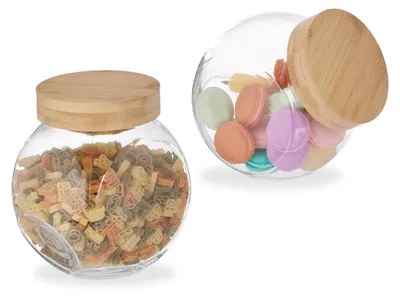 Produktbild von Relaxdays Bonbonglas mit Bambusdeckel, 2er Set, Vorratsgläser Süßigkeiten, Candy Bar Zubehör, 1,5 l, transparent/natur