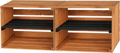 Two wooden crates with black shelves are placed side-by-side against a white background.