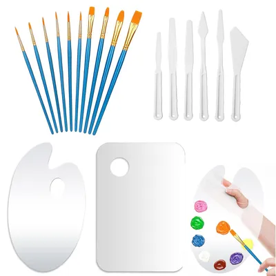 Productafbeelding van Acrylverf Mengpaletten Set - 2 transparante mengpaletten van 20 x 30 cm met duimgat, 6 paletmessen en 10 penselen - geschikt voor acrylverf, aquarelverf en olieverf