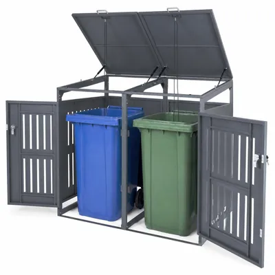 Produktbild von KOMFOTTEU Mülltonnenbox 2er 240L, Verzinkter Stahl, Outdoor Mülltonnenverkleidung mit Stoßdämpfern, Gasdruckfeder & abschließbarer Tür, Mülltonnecontainer für Hinterhof, (Grau)