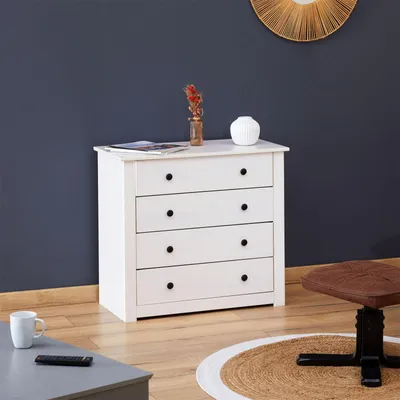 Produktbild von Kommode PAULO aus Massivholz mit 4 Schubladen, Landhaus Schubladenkommode mit Metallgriffen und Beschlägen im Mexiko Stil