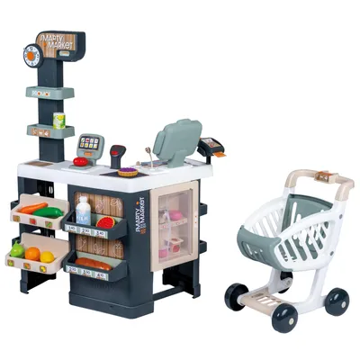 Produktbild von Smoby Smarty Market Spielzeug-Supermarkt Kasse Scanner Waage Kühlschrank 42 Zubehörteile Einkaufswagen 60x89x80 cm