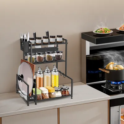 Produktbild von 3 Etagen Gewürzregal Stehend,Küchenregal,Arbeitsplatte Gewürz Lagerung Regal Veranstalter mit Schneidebretthalter und 6 Haken 38x21x49cm Schwarz