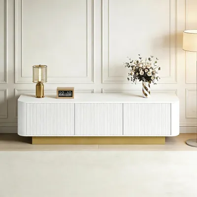 Produktbild von Modernes TV-Lowboard mit Stauraum – Abgerundetes Design, Kabelmanagement, Texturfront, – Medienkonsole Wohnzimmer, Weiß