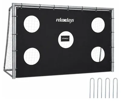 Image de Relaxdays, but de football avec filet de protection, dimensions : 160 x 240 x 90 cm, filet en PE et structure en acier, avec piquets de fixation pour le sol, idéal pour le jardin, grand but de jeu, couleur : gris