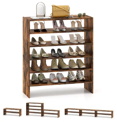 Produktbild von COSTWAY Schuhregal Holz, Schuhorganizer, 6 stufiges Holzschuhregal mit Anti-Kipp-Vorrichtung, Schuhturm für Schlafzimmer, Eingangsbereich, Braun