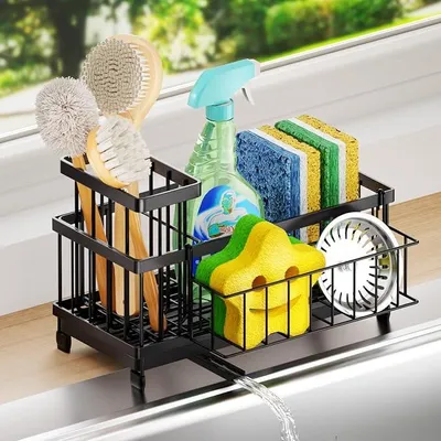 Produktbild von PolkaHome® Spülbecken-Organizer mit Ablauf – Edelstahl Spülschwammhalter für die Küchenspüle, 360° Abtropfschale, schwarz
