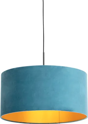 Produktbild von QAZQA - Landhaus I Vintage I Rustikal Hängelampe I Pendellampe I Pendelleuchte mit Veloursschirm blau mit Gold I Messing 50 cm - Combi I Wohnzimmer I Schlafzimmer - Textil Zylinder I Länglich I Rund -