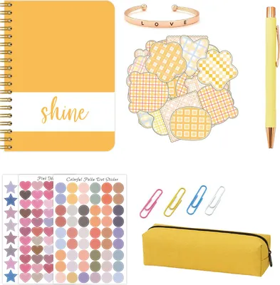 Zdjęcie produktu dla FTVOGUE Zestaw dziennika Planner Notatnik Scrapbook Zestaw z 70 arkuszami dziennika 100 naklejek Neutralny ołówek Papierowe klipsy Bransoletka dla dziewczynek 6+ Rzemiosło (ŻÓŁTY)