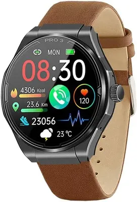 Knauermann PRO 3 2024 Smartwatch Herren Damen Gesundheitsuhr mit Telefonfunktion ECG HRV SOS AMOLED Display Echtleder Schwarz Braun