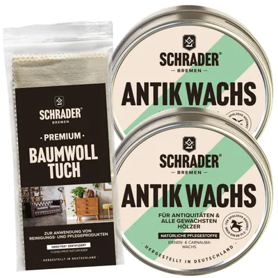 Produktbild von SCHRADER Antik Wachs + Baumwolltuch - dreiteiliges Set zur Pflege und zum Schutz von unbehandelten und gewachsten Holzmöbeln - Germany