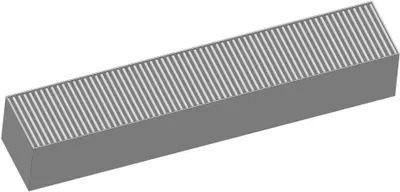 A 3D render of a rectangular air filter with multiple silver fins running lengthwise.