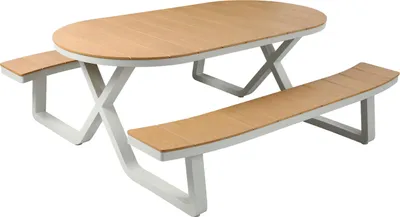 Immagine prodotto di AXI Jax Tavolo da Picnic con 2 Panche Ovale - Bianco Effetto Teak - per 6 Persone | In alluminio e Polywood | Set per il giardino | 200 x 190 x 75 cm