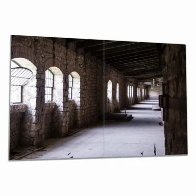 Produktbild von Wallario Herdabdeckplatte aus Glas, Größe 80 x 52 cm 2-teilig, Motiv Altes Bauwerk - stillgelegte Fabrik