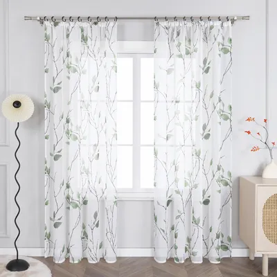 Produktbild von Joyswahl Modern Gardinen Schlafzimmer Wohnzimmer Voile Vorhänge Gardinenschal Mit Kräuselband Blattmuster Transparent Grün HxB 245x140cm 1 Stück